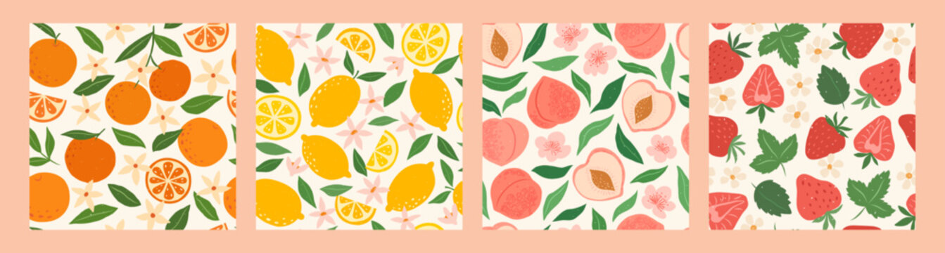 Set of vector seamless patterns with fruits. Trendy hand drawn textures with oranges, lemons, peaches and strawberry. Juicy tasty fruits backgrounds. Modern abstract design for paper, cover, fabric.