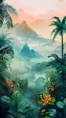 Naklejka premium Painting of a jungle landscape. Watercolor pattern wallpaper