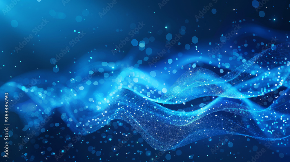 Poster 3d abstract blue background with neon glowing waves with light particles. business presentation mini