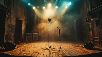 concert music live unplugged small stage empty night light dark old room artistic song studio rythm audio beat set drum black bass metal show acoustic classical performer background.
