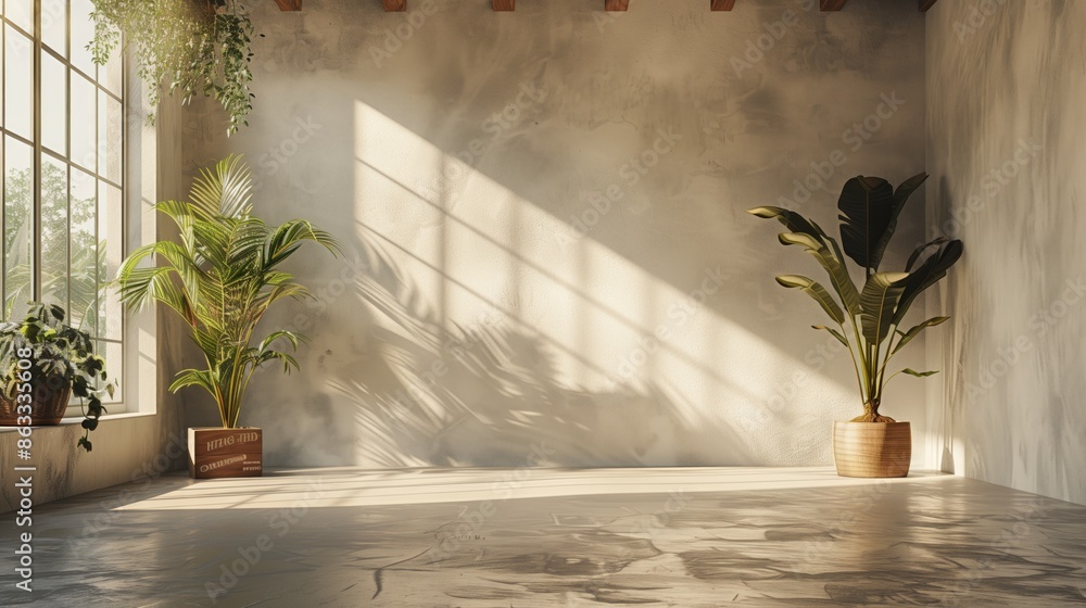 Poster sunlight streaming through large window in empty room with plants