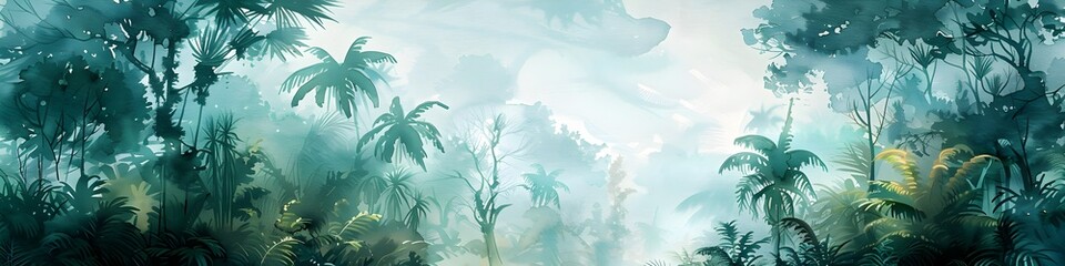 Painting of a jungle landscape. Watercolor pattern wallpaper