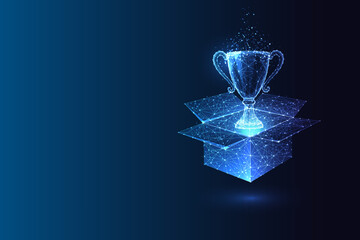Victory, success, achievement futuristic conceptual image with trophy cup emerging from open box 