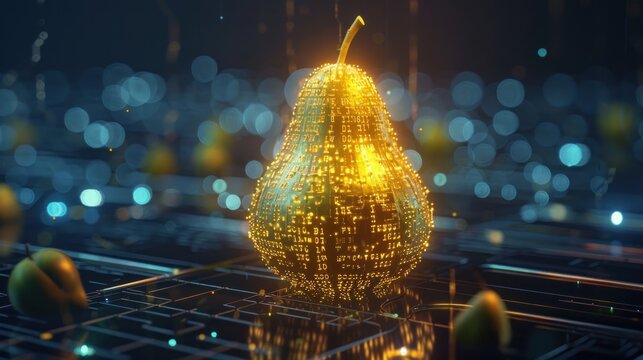 Digital Pear Glowing on a Circuit Board