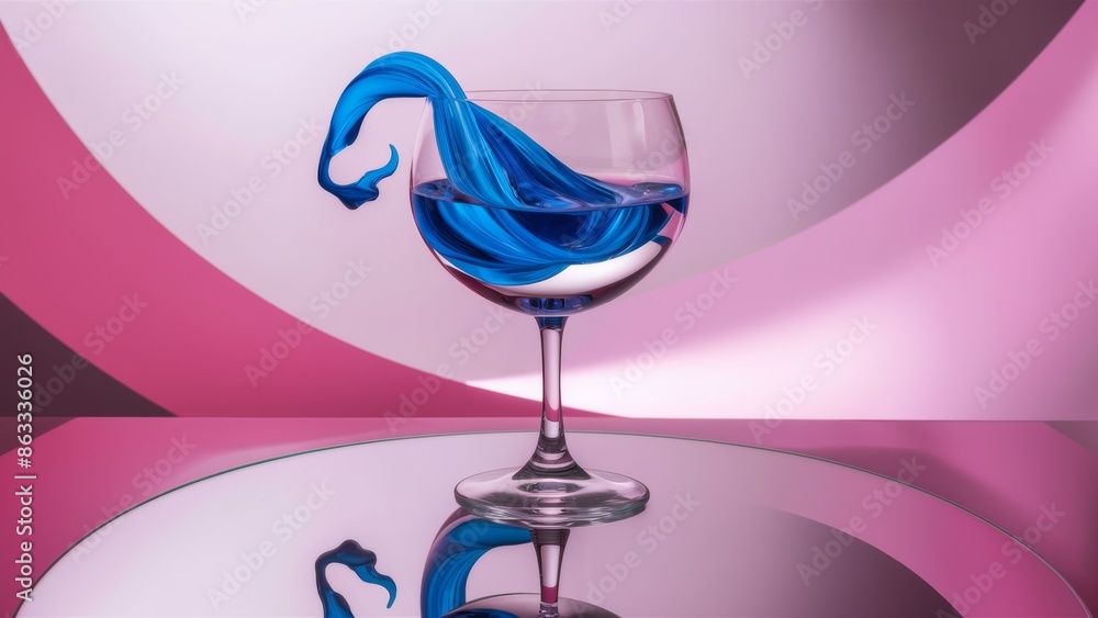 Poster a glass of a blue liquid in the bottom of a wineglass, ai