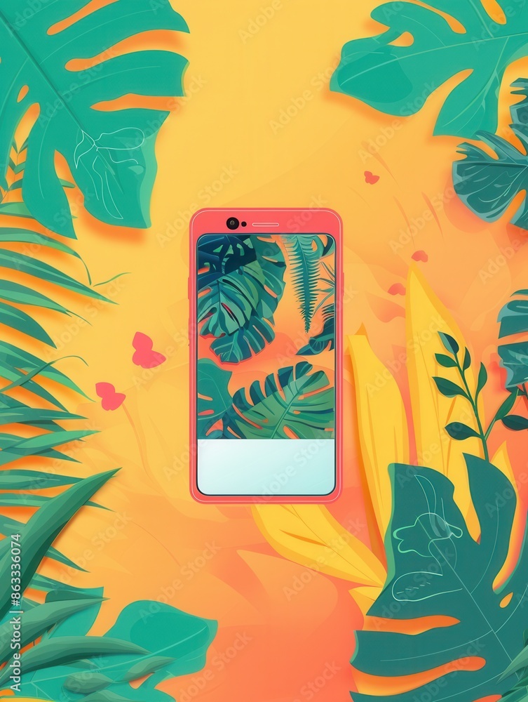 Fototapete a bright orange background with a smartphone displaying streaming video is surrounded by lush tropic