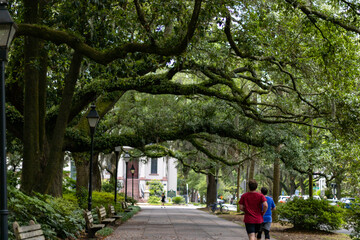 People running in park