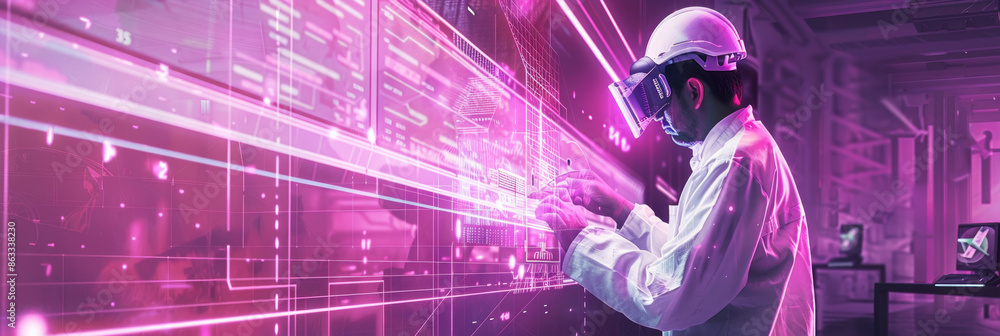 Poster in a high-tech industrial setting, a worker in a lab coat uses a vr headset to interact with digital