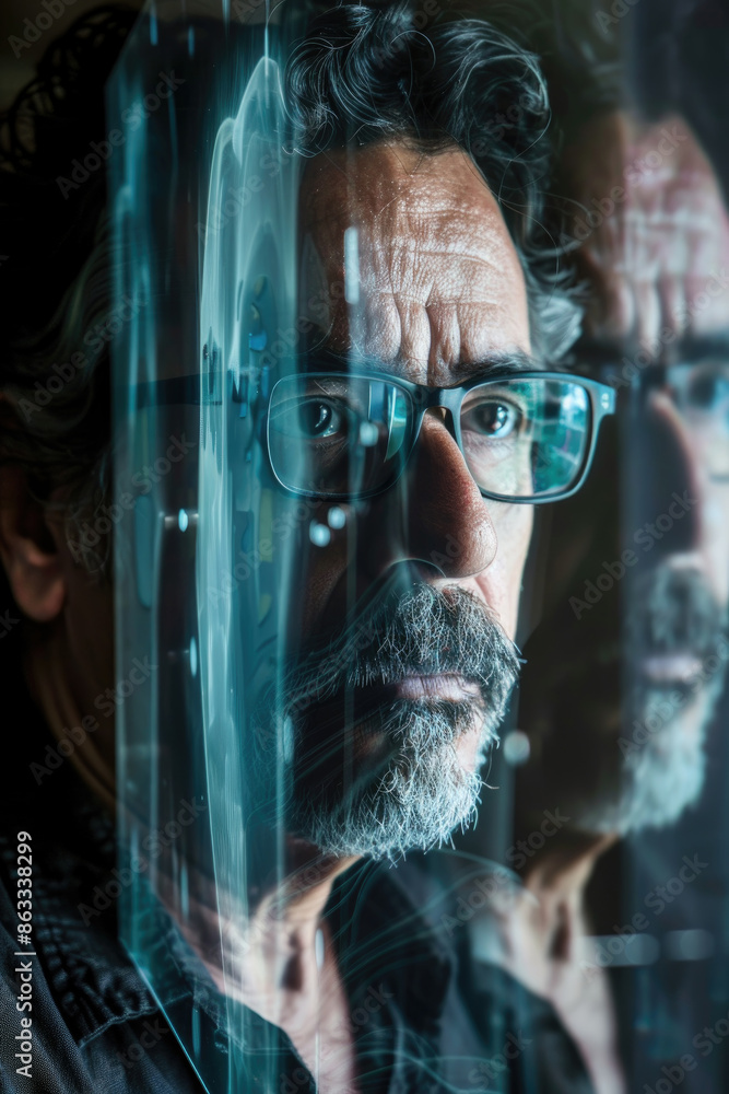 Poster a man with a beard and glasses stares intently through a digital interface, his reflection hinting a