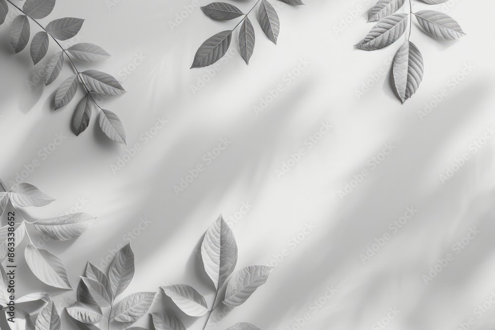 Poster a grayscale image of leaves casting delicate shadows on a white surface. the composition creates a s