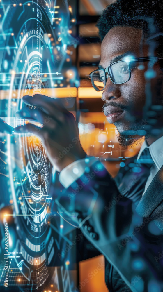 Poster a man wearing glasses interacts with a holographic display in a modern office. the display showcases