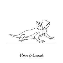 One continuous line drawing of horned lizard vector illustration. Type of Lizard animal themes design concept with simple linear style. Lizards are reptiles with scaly skin, four legs, and a tail.