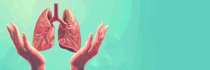 Horizontal banner. World Lung Cancer Day. Hands holding lungs. Awareness of lung cancer, pneumonia, asthma, COPD, pulmonary hypertension, world no tobacco day. Free space for text, blue background