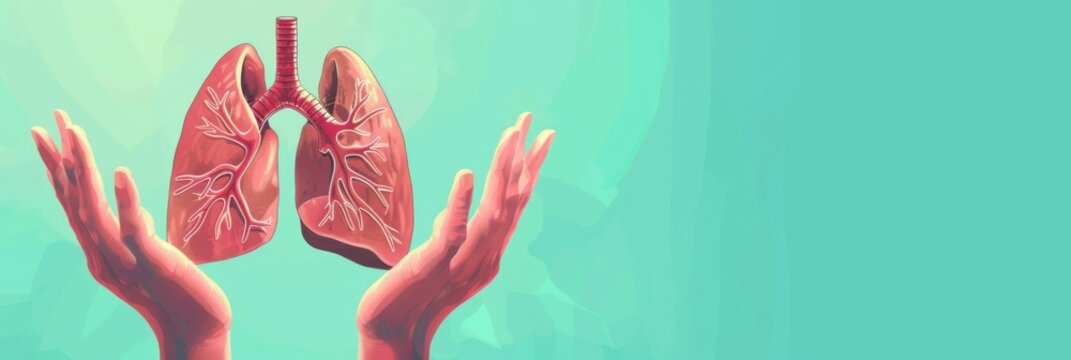 Horizontal banner. World Lung Cancer Day. Hands holding lungs. Awareness of lung cancer, pneumonia, asthma, COPD, pulmonary hypertension, world no tobacco day. Free space for text, blue background