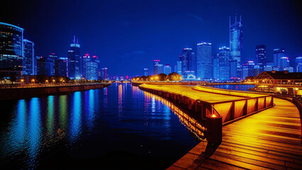 Naklejka premium nighttime view of a city skyline with a bridge and a person standing on a dock