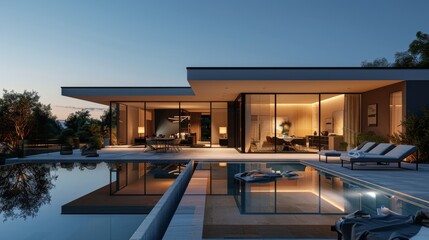 Fototapeta premium Modern Home With Infinity Pool At Twilight