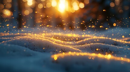 Snowy winter banner with snowflakes, white bokeh, snowdrifts, and sunset sky light