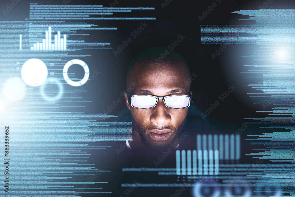 Poster black man, overlay and hacker with cybersecurity on fraud or cloning for credit card, information an