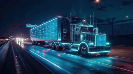 A digital representation of a semi-truck driving at night on a highway