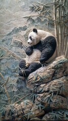 Beautiful panda 3d relief wallpaper. Mural wallpaper. Wall art. AI generated illustration.