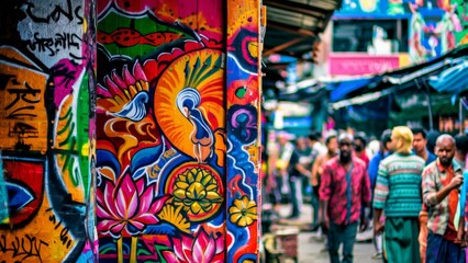 Fototapeta premium A colorful graffiti covered wall with people walking by on a street, AI