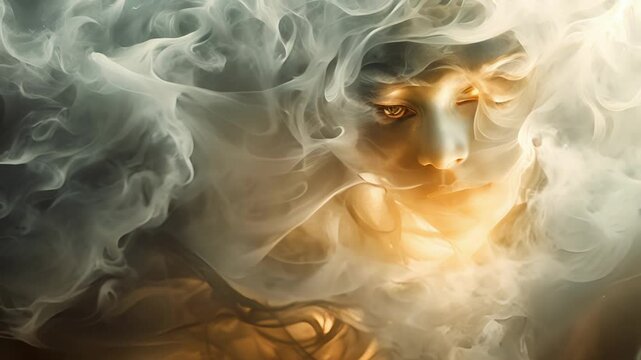 An ethereal figure dd in wispy white smoke slowly emerges to reveal a humanoid with mesmerizing golden eyes.