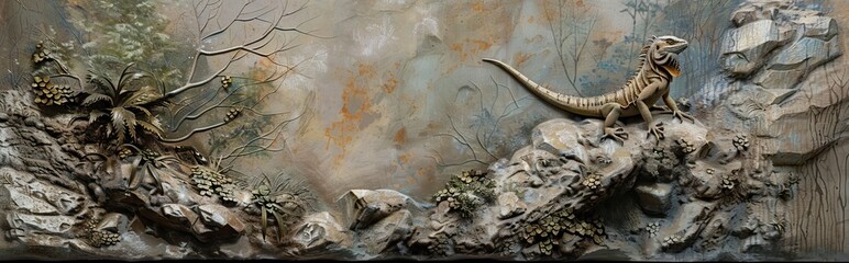 Beautiful lizard 3d relief wallpaper. Mural wallpaper. Wall art. AI generated illustration