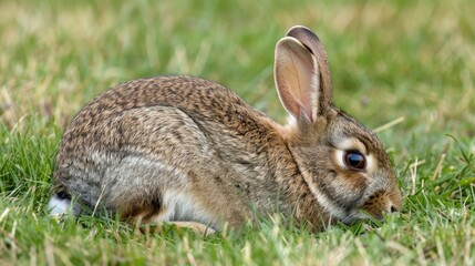 Fototapeta premium Young wild rabbit grooming on grass in North Yorkshire UK