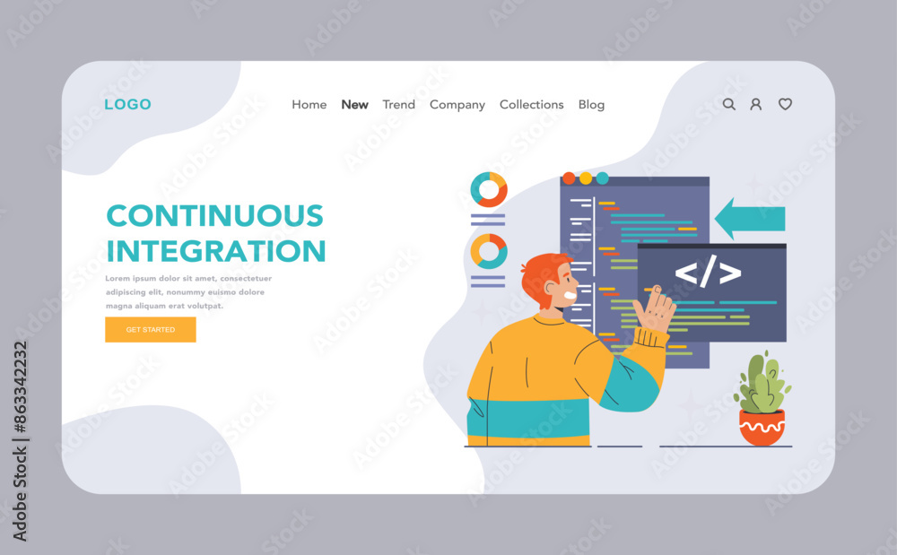 Poster devops web banner or landing page. software development methodology