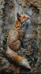 Fototapeta premium Beautiful fox 3d relief wallpaper. Mural wallpaper. Wall art. AI generated illustration.