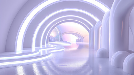 Fototapeta premium 3d abstract modern neon white and purple tunnel corridor. Futuristic background for product mockup or presentation.