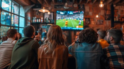 Fototapeta premium People sitting in the pub and watching football match on TV