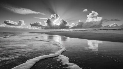 A black and white photo of a beach with waves coming in, AI © starush