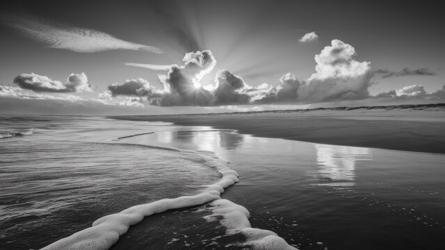 Fototapeta A black and white photo of a beach with waves coming in, AI