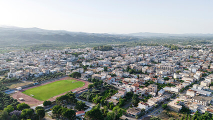 Aerial panoramic view of Sparta city with Taygetus mountains and ancient ruins remains in Peloponnese, Greece