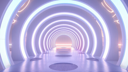 Obraz premium White light 3d tunnel with neon glowing circles. Retro futuristic hi-fi sci-fi y2k background for product stage mockup presentation