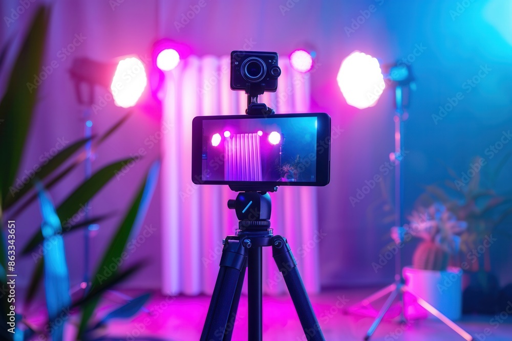 Poster a smartphone camera is set up on a tripod in a home studio, ready to record video. the background is