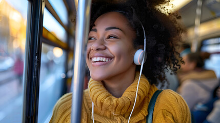 Obraz premium Young smiling woman listening music over earphones while commuting by public transport