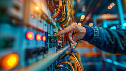 Obraz premium Closeup of an electrical engineer using measuring equipment to check electricity at a circuit breaker and cable wiring system for maintenance in the main power distribution board