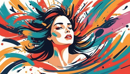 Her face, framed by dark hair, is a canvas of chaos a medley of colors splashed around her features in wild abandon, each hue adding intrigue to her enigmatic expression.