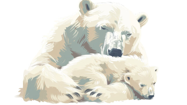 A polar bear and her cub snuggle closely together on transparent background