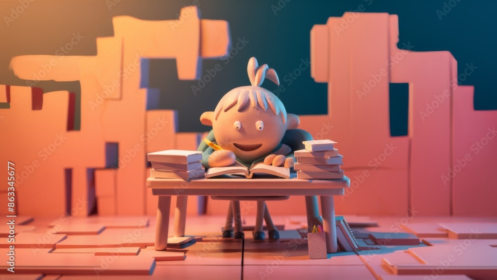 Canvas Prints A cartoon character sitting at a desk with books and papers, AI