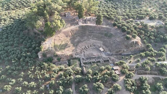 Aerial panoramic view of Sparta city with Taygetus mountains and ancient ruins remains in Peloponnese, Greece