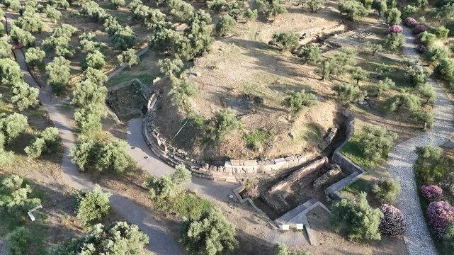 Aerial panoramic view of Sparta city with Taygetus mountains and ancient ruins remains in Peloponnese, Greece