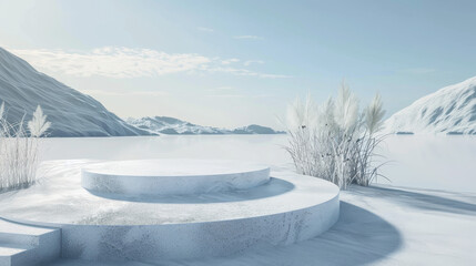 Winter landscape in the snow white mountains. Cylinder geometric pedestal podium set. Minimal scene for product display presentation platform background