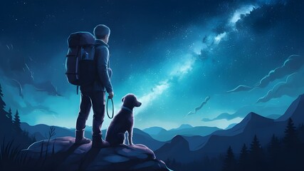 Digital art style illustration painting of a youthful hiker gazing up at the stars in the night sky while holding a puppy in a rucksack.