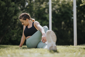 A young woman performs a stretching exercise in a green park, wearing athletic wear, demonstrating...