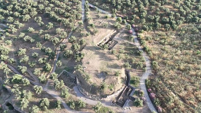 Aerial panoramic view of Sparta city with Taygetus mountains and ancient ruins remains in Peloponnese, Greece