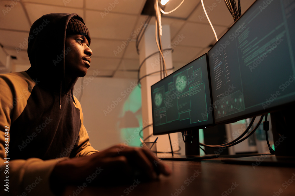 Poster it cybercriminal using malware and trojan virus to break into government system at night, using secu