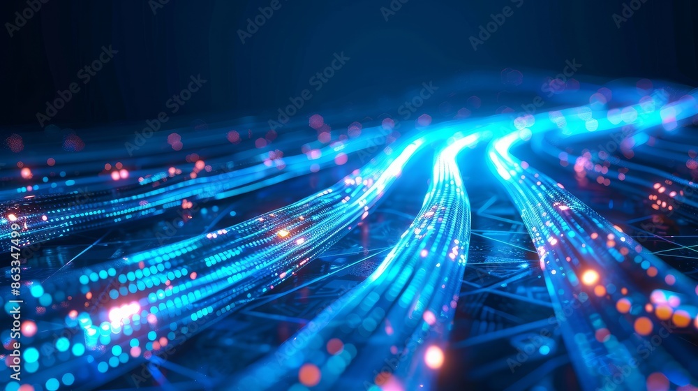 Poster glowing electricity cable connection in an abstract internet cyber concept background with optical c